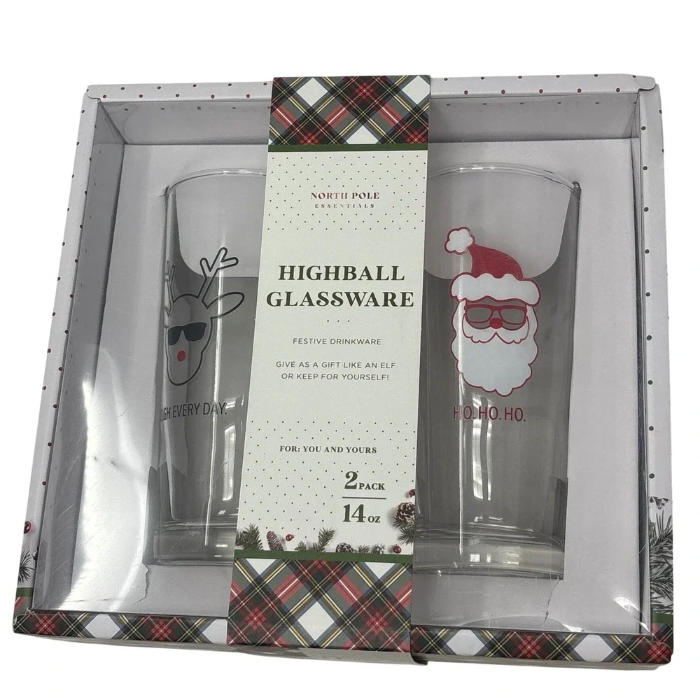 North Pole Essentials Christmas Highball Glasses 2 Pack 14oz Santa Reindeer New